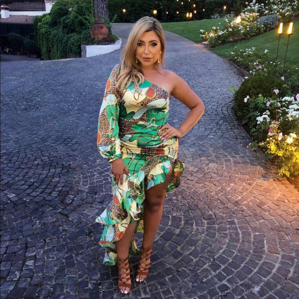 One shoulder high slit evening dress